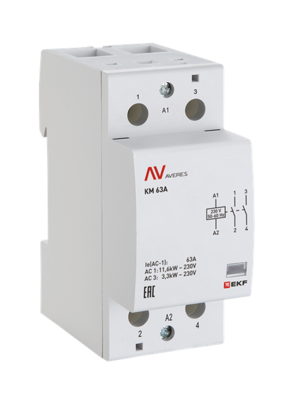 Контактор модульный КМ 63А 1NC+1NO 24VAC (2 мод.) AVERES | km-av-2-63-11-24V | EKF — EKF