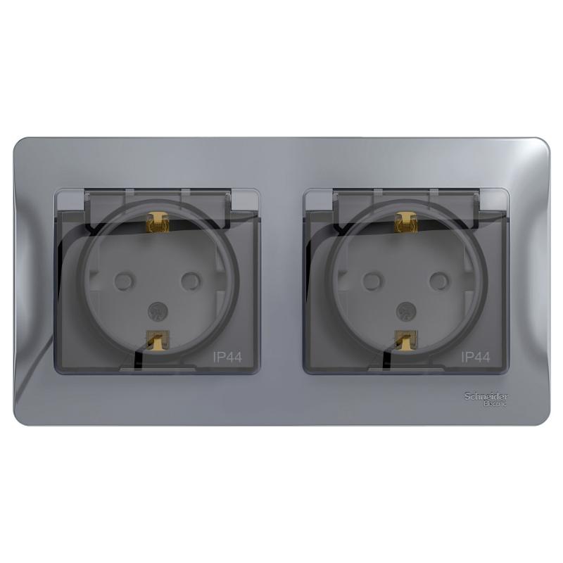 Glossa Алюминий Розетка 2-ая с з/к, со шторками (в сборе), IP44 | GSL000347 | SE — Systeme Electric