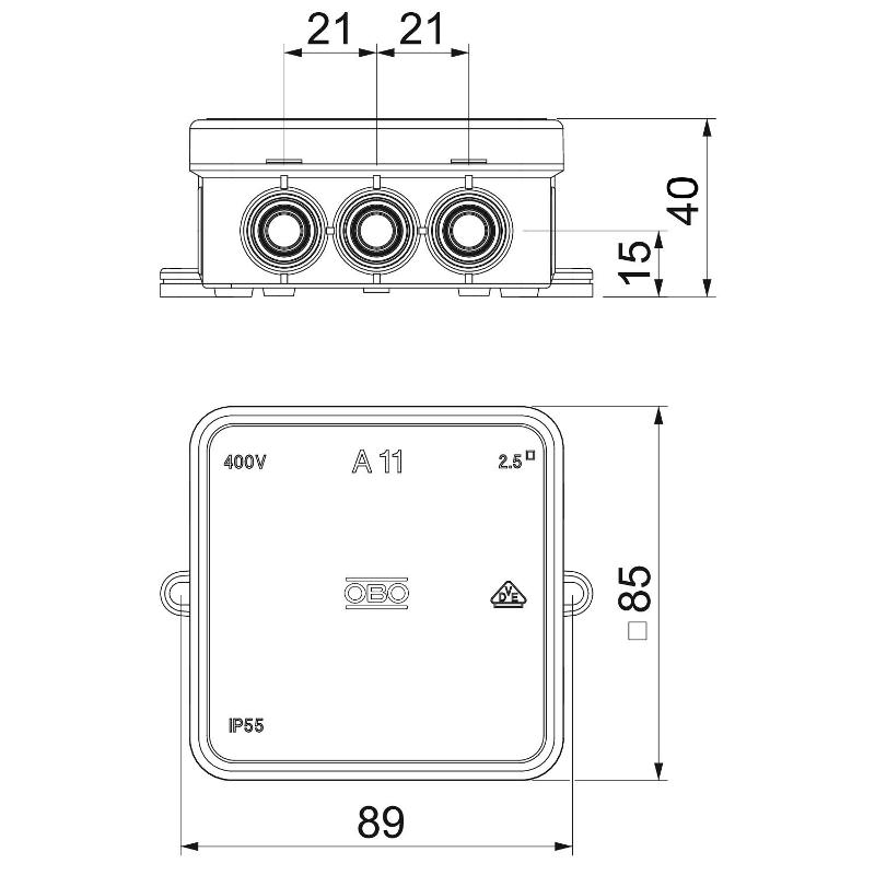 Коробка распределительная A11, 75х75х35 мм, IP55, вводы d16х12, серая ( A 11 )  | 2000342 | OBO Bettermann — миниатюра 7