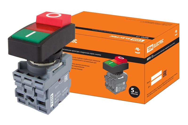 Кнопка двойная MPD13-11R (зеленая/красная-выступающая) (LED) d22мм/220В (I/O)  линза красная | SQ0747-0035 | TDM — TDM ELECTRIC