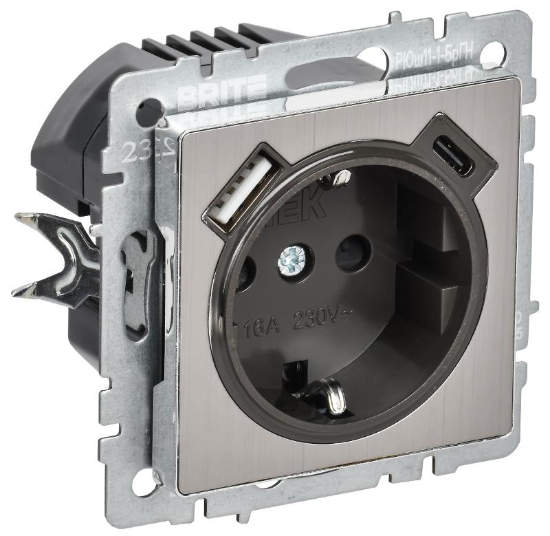 BRITE Роз. с з/к/ш 16А USB A+C 18Вт РЮш11-1-БрГН мет х/н  | BR-R14-16-U22-018-M-K23 | ИЭК — IEK (ИЭК)