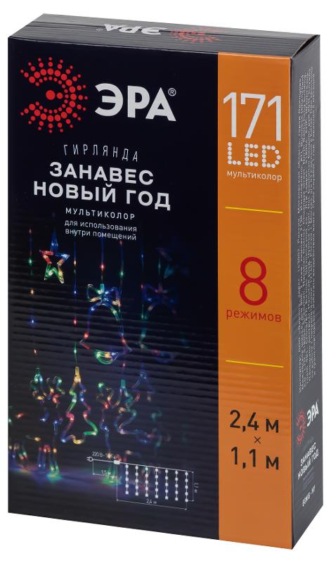 Гирлянда занавес ЕGNIG - NY Новый год, мультиколор, 2,4 м* 1,1 м, 220 V, 8 реж, длина провода 3м, 171 LED, IP20 | Б0055998 | ЭРА — миниатюра 2
