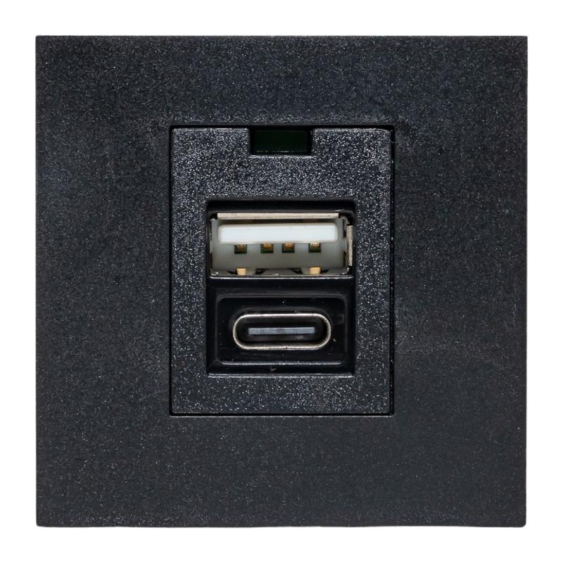 Розетка USB A+C, 2.1А, 2 гнезда, без индикатора, черная, матовая |E2MR2B-21USB-10-AC|EKF — миниатюра 2