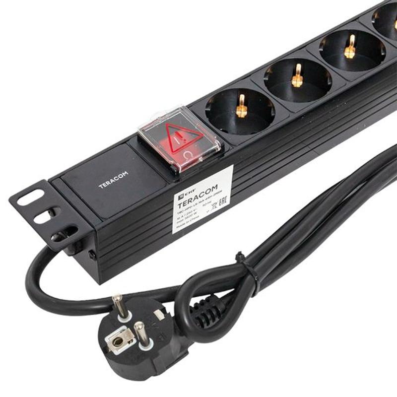 Блок розеток PDU TERACOM 19" 1U 16А/250В 6 розеток Schuko 2 метра 3x1,5 мм2 вилка Schuko | TRC-HPD-LS-16A-6SH-2MSH | EKF — миниатюра 18