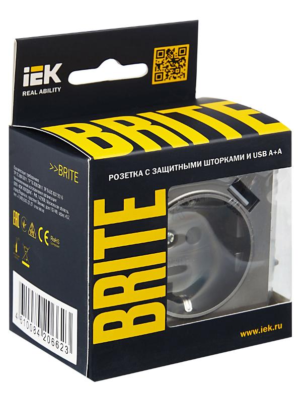 BRITE Розетка с заземлением со шторками 16А с USB A+A 3,1А РЮш10-2-БрС сталь | BR-R14-16-U21-D31-K46 | IEK — миниатюра 7