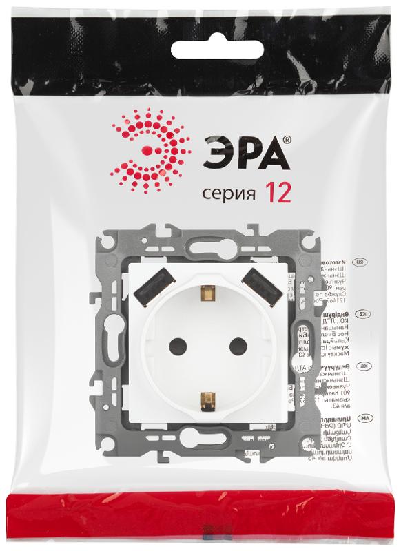 Розетка ЭРА Серия 12 12-4109-01М , 2P+E 16A-250В, штор. с 2xUSB 5В-3А, белый матовый  | Б0065728 | ЭРА — миниатюра 2