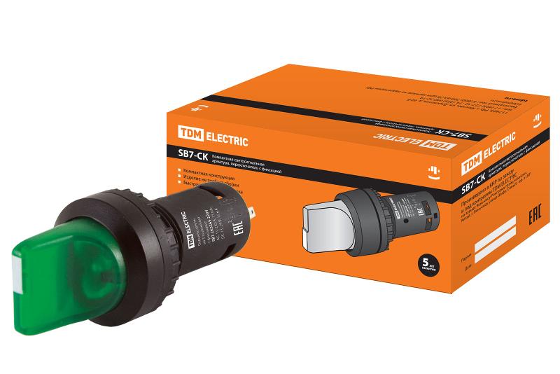 Переключатель на  3 положения с фиксацией SB7-CK3365-220V короткая ручка(LED) d22мм 1з+1р зеленый TD | SQ0746-0065 | TDM — TDM ELECTRIC