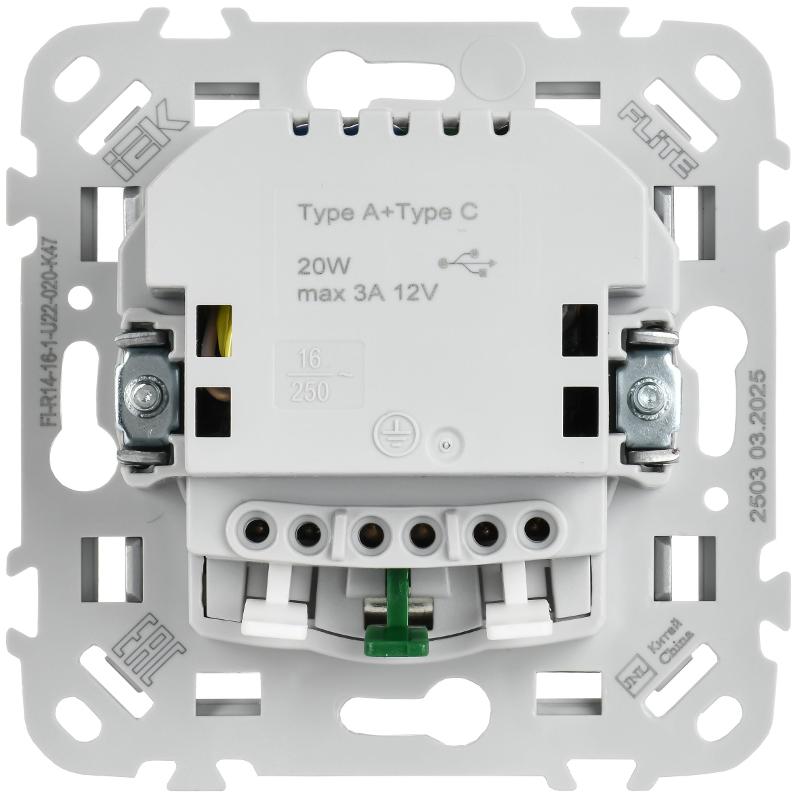 FLITE Розетка с заземлением со шторками 16А с USB A+C 20Вт быстрозажимные клеммы РСЮшс11-1-ФлА алюминий | FI-R14-16-1-U22-020-K47 | IEK — миниатюра 3
