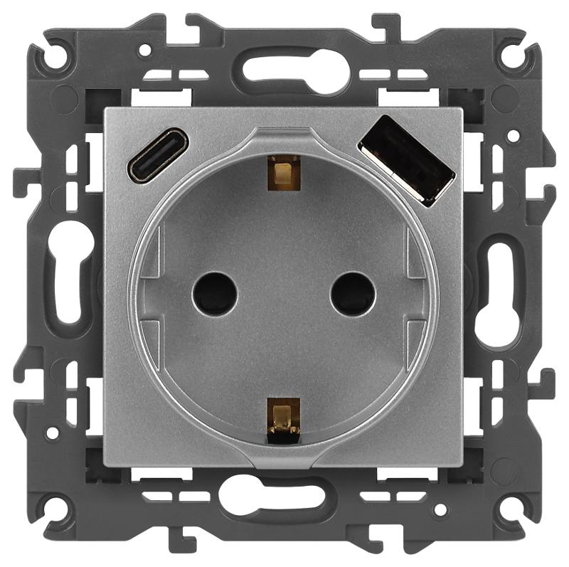 Розетка Elegance 14-4108-03 2P+E 16A-250В со шторками с USB type-A+C 5В-3А алюминий | Б0067741 | ЭРА — миниатюра 1