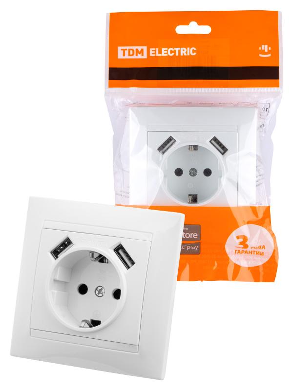 Розетка 2П+З 16А 250В + 2 USB порта 2,1А 5В белая "Лама" | SQ1815-0042 | TDM — TDM ELECTRIC