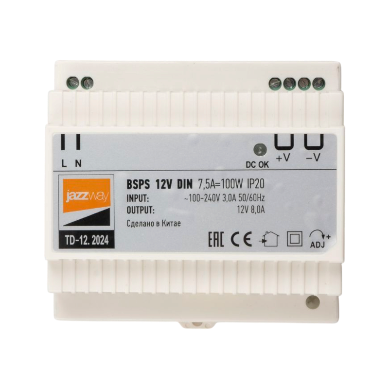 Драйвер для светодиодной ленты BSPS DIN 12V 7.5A=100w PL IP20 3г.гар  на DIN-рейку | .5049987 | Jazzway — миниатюра 1