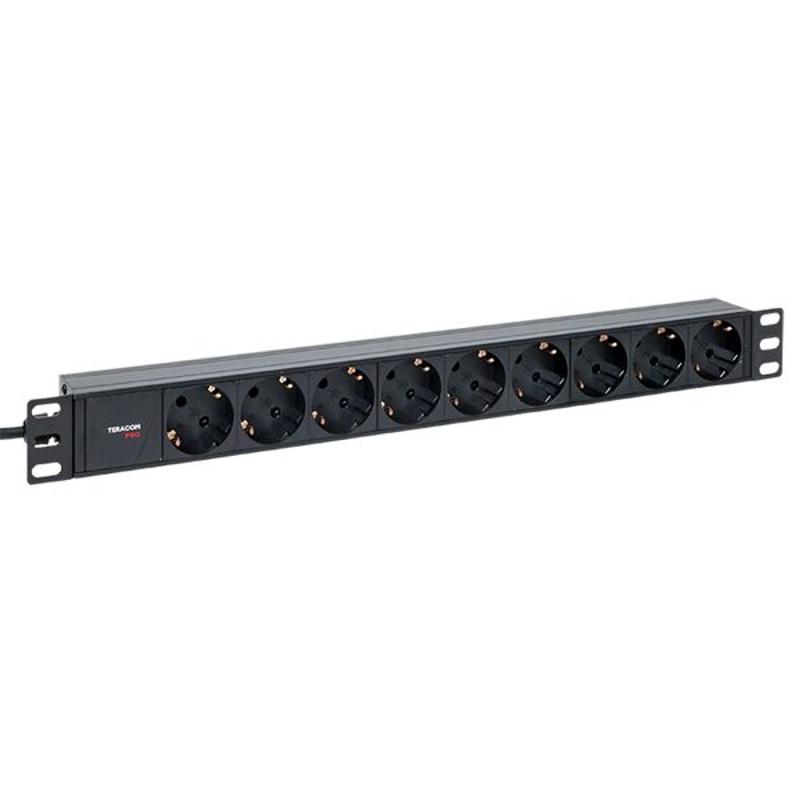 Блок розеток PDU TERACOM PRO 19" 1U 10А/250В 9 розеток Schuko шнур 2 м 3x1,5 мм2 вилка C14 | TRP-HPD-10A-9SH-2MC14 | EKF — EKF