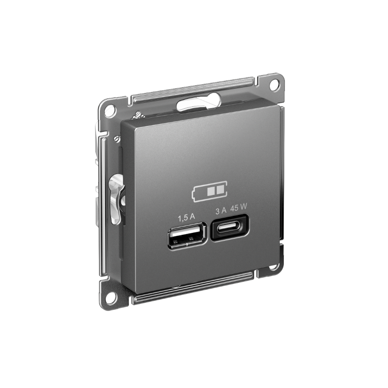 AtlasDesign Сталь USB Розетка A + тип-C 45W высокоскоростной заряд QC PD | ATN000929 | SE — Systeme Electric