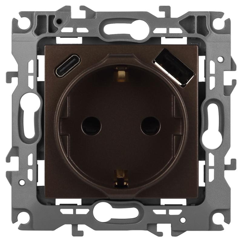 Розетка  Серия 12 12-4108-13 2P+E 16A-250В со шторками с USB type-A+C 5В-3А бронза | Б0067757 | ЭРА — миниатюра 1