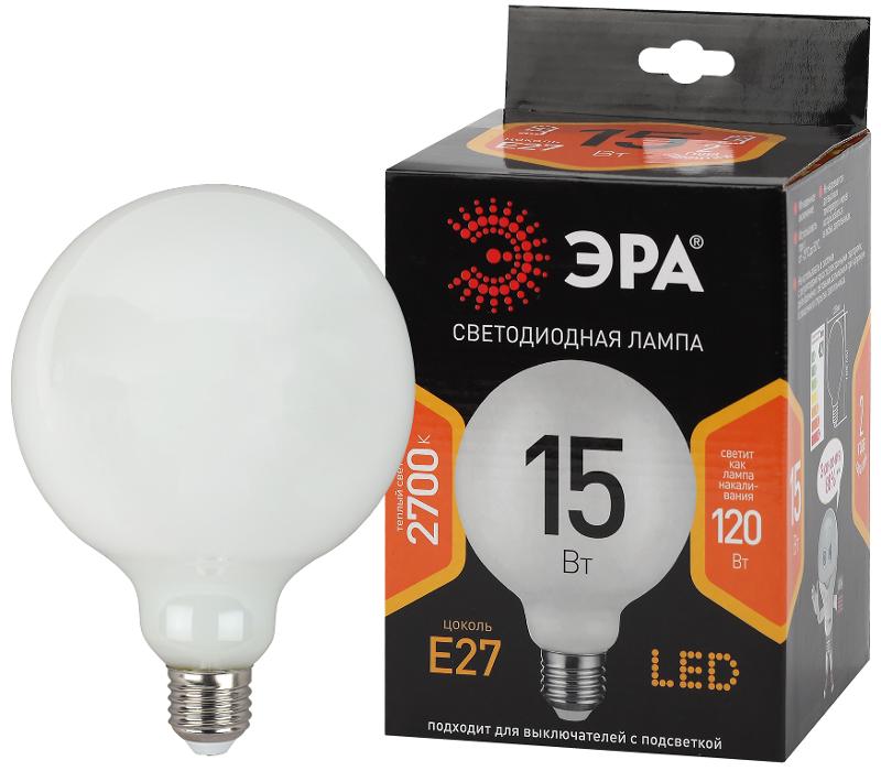 Лампа светодиодная F-LED G125-15w-827-E27 OPAL (филамент, шар опал, 15Вт, тепл, E27) | Б0047038 | ЭРА — миниатюра 1