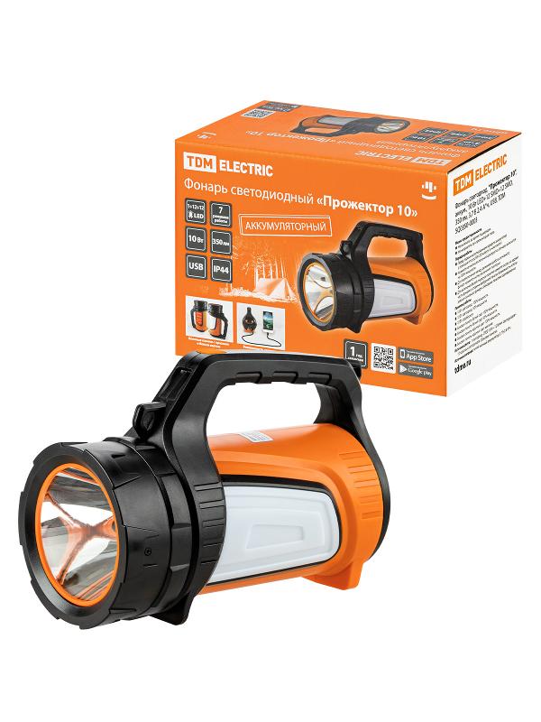 Фонарь светодиод. "Прожектор 10", аккум., 10 Вт LED+12 SMD+12 SMD, 350 лм, 3,7 В 2,4 А*ч, USB | SQ0350-0003 | TDM — фото 1 | Sento