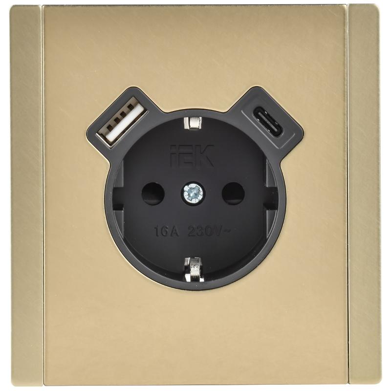FORTE&PIANO Розетка с заземлением со шторками в/к 16А USB A+C 18Вт FP647M металл шампань — миниатюра 2