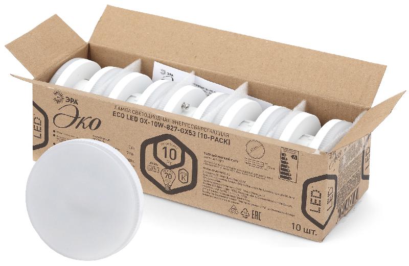 Лампа светодиодная RED LINE ECO LED GX-10W-827-GX53 (10-PACK) GX53 10Вт таблетка теплый белый свет | Б0036549 | ЭРА — миниатюра 1