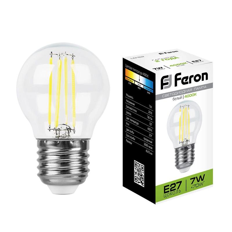 Лампа светодиодная LB-52 (7W) 230V E27 4000K филамент G45 прозрачная | 25877 | FERON — миниатюра 2