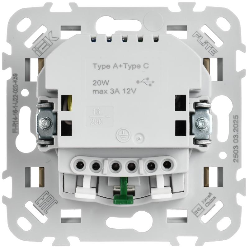 FLITE Розетка с заземлением со шторками 16А с USB A+C 20Вт быстрозажимные клеммы РСЮшс11-1-ФлХ хаки | FI-R14-16-1-U22-020-K59 | IEK — миниатюра 3