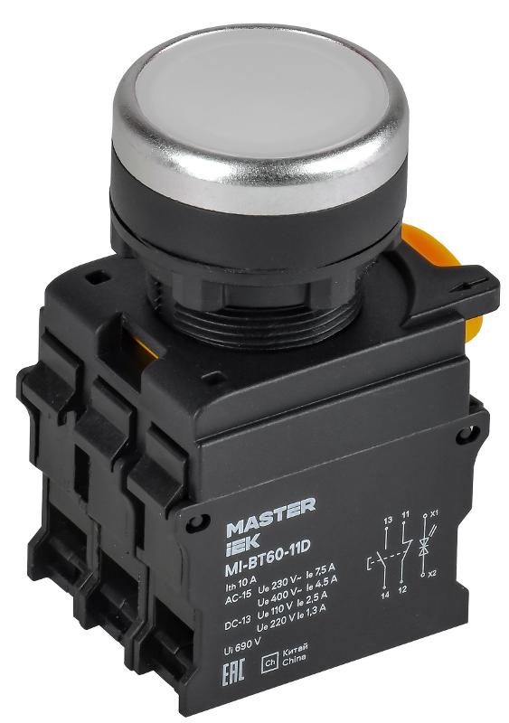 Кнопка с подсветкой d=22мм 1NO+1NC белая MASTER | MI-BT60-11D-3-12-K01 | IEK — миниатюра 1