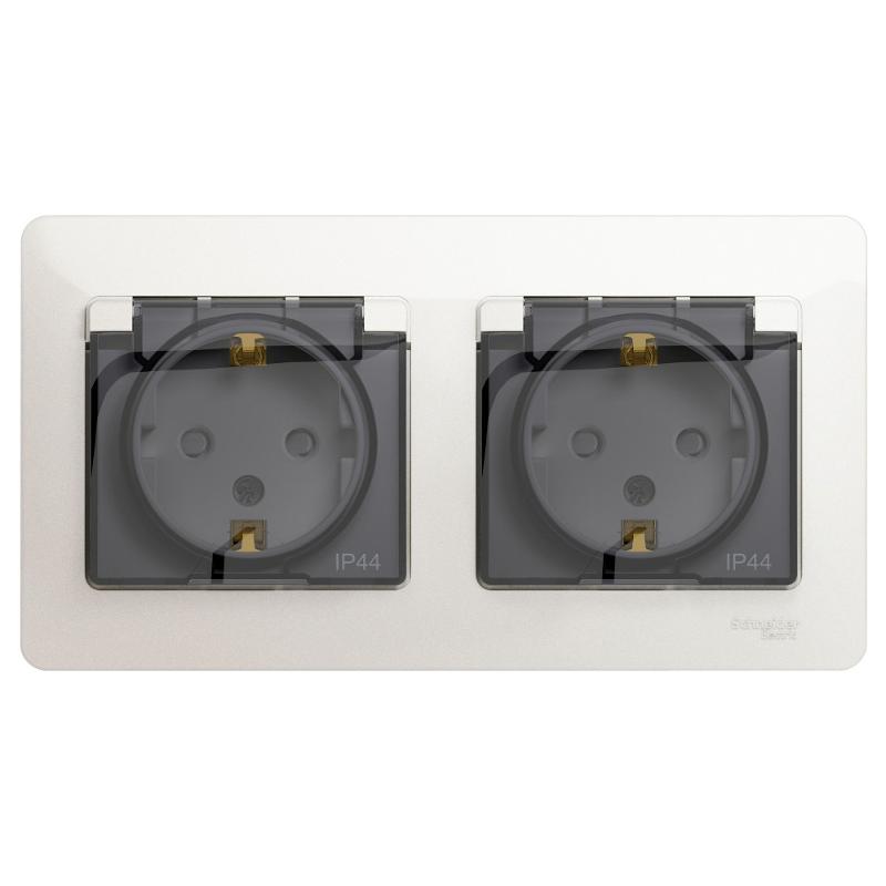 Glossa Перламутр Розетка 2-ая с з/к, со шторками (в сборе), IP44 | GSL000647 | SE — Systeme Electric