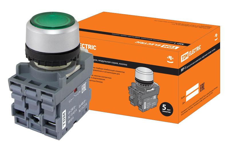 Кнопка MP1-21G(LED) в сборе d22мм/24В 1з+1р зеленая | SQ0747-0018 | TDM — фото 1 | Sento