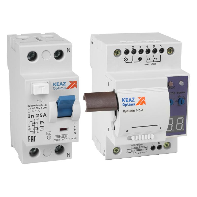 Моторпривод OptiDin MD-L-УХЛ4 + ВДТ без защиты от сверхтоков OptiDin DM63-2225-AС-УХЛ4 (2P, 25, 30mA) | 361852 | КЭАЗ — фото 1 | Sento