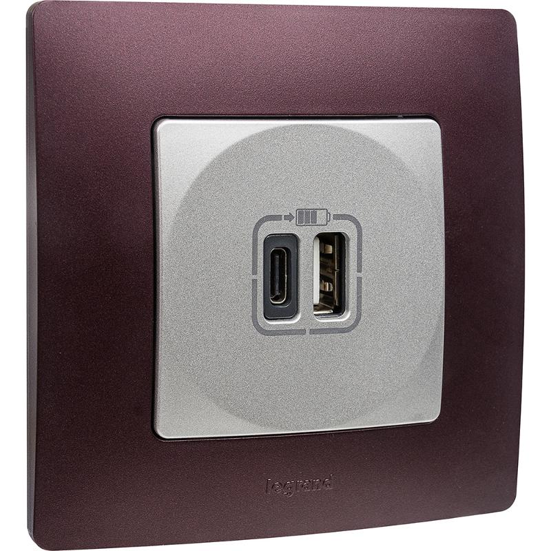 Зарядное устройство USB тип А / тип С - Legrand Etika - 3000мА 15Вт - алюминий — миниатюра 4