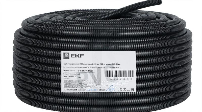 Труба гофр. ПВХ с протяжкой d20 мм (100 м) черная | tg-z-20-100-black | EKF — EKF