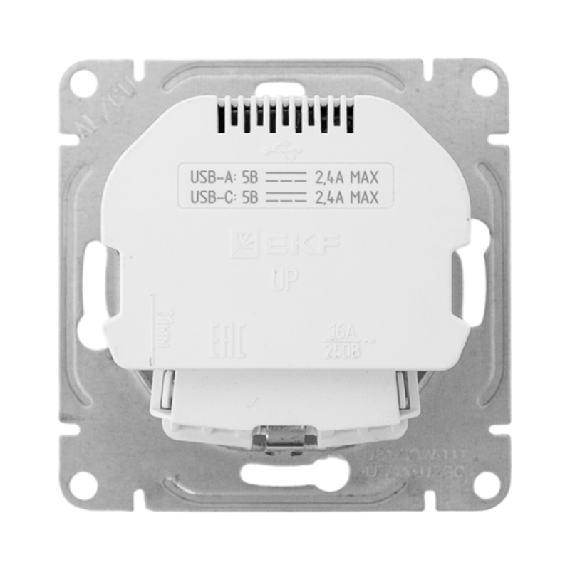 Механизм розетки с USB-A+С - 2шт, 16А, с заземлением, со шторками, белый Эпика | UP1-SOW-111-USBA+USBC | EKF — миниатюра 16