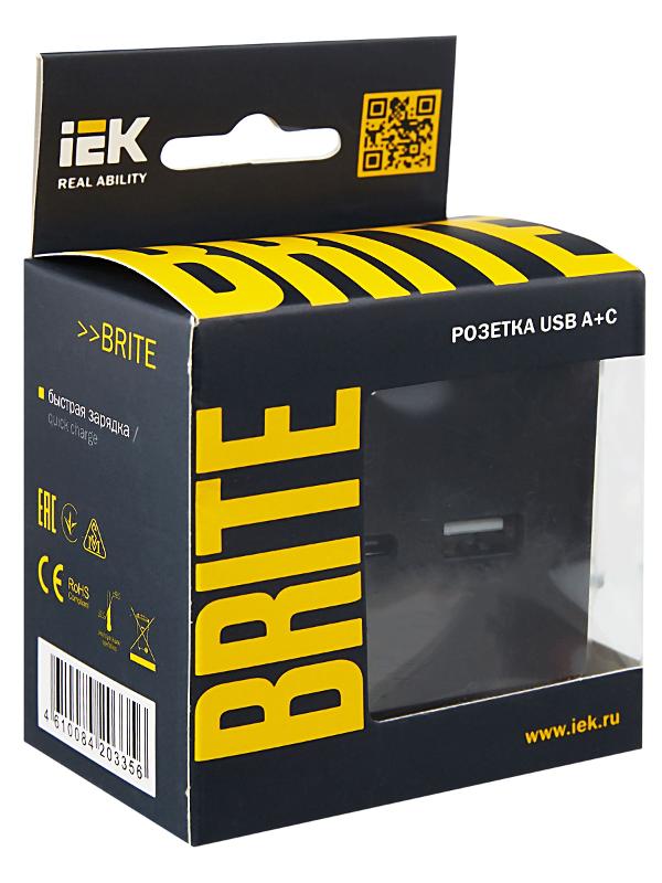 BRITE Розетка USB A+C 18Вт РЮ11-1-БрЧ черный | BR-U22-018-K02 | IEK — миниатюра 7