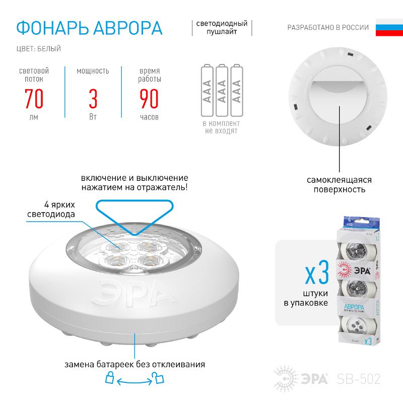 Светильник пушлайт (подсветка) SB-502  "Аврора" [4xLED, 3xAAA, белый, 3шт в кор] (20/120/480) | Б0029182 | ЭРА  — миниатюра 4
