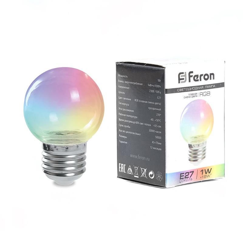 Лампа светодиодная LB-37 (1W) 230V E27 RGB для белт лайта G45 прозрачный быстрая смена цвета | 38129 | Feron — Feron