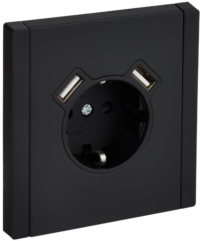 FORTE&PIANO Розетка с заземлением со шторками в/к 16А USB A+A 3,1А FP145M черный  | FP-R14-16-U21-D31-M-K02 | IEK — миниатюра 1