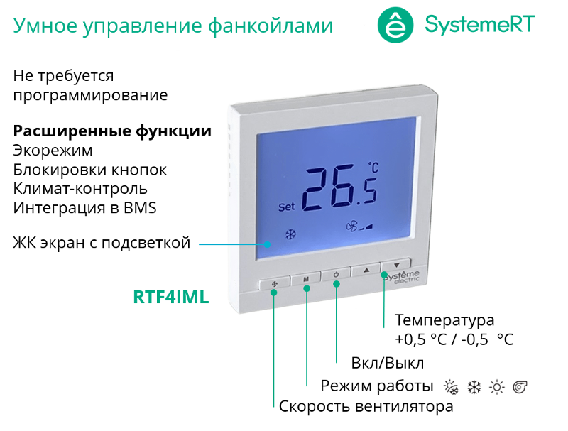 Термостат комнатный цифровой, для 4тр 3ск FCU и 2-поз.клап, 1UI 5DO Modbus ~220В бел BS | RTF4IML | SE — миниатюра 2