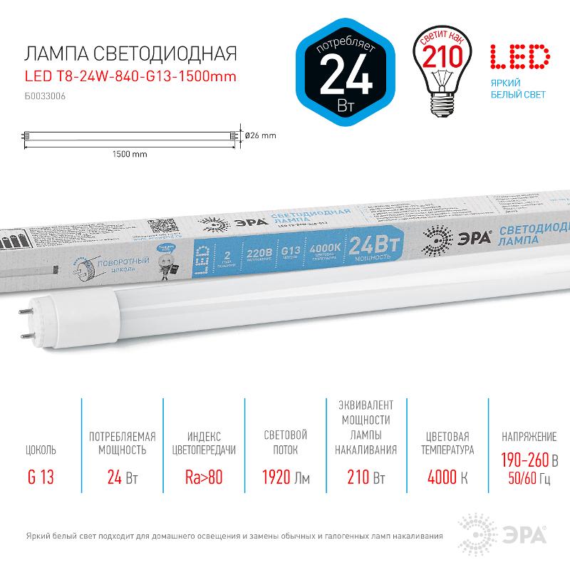 Лампа светодиодная линейная LED T8-24W-840-G13-1500mm | Б0033006 | ЭРА — миниатюра 2