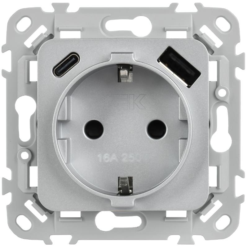 FLITE Розетка с заземлением со шторками 16А с USB A+C 20Вт быстрозажимные клеммы РСЮшс11-1-ФлА алюминий | FI-R14-16-1-U22-020-K47 | IEK — миниатюра 2