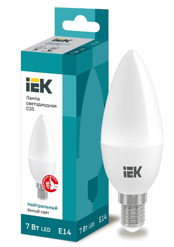 Лампа светодиодная LED 7Вт Е14 220В 4000К C35 свеча | LLE-C35-7-230-40-E14 | IEK — IEK (ИЭК)