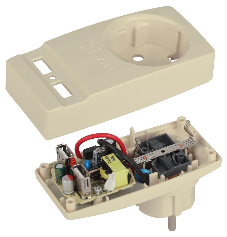 Разветвитель электрический ЭРА SP-1e-USB-I на 1 розетку + 2 USB с заземлением 16А сл. кость  | Б0027836 | ЭРА — миниатюра 2