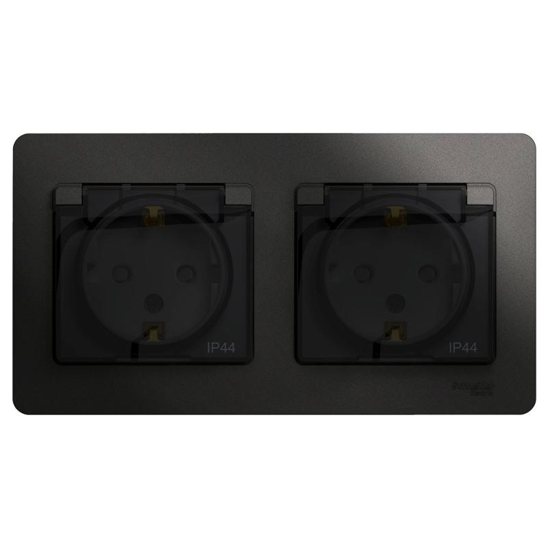 Glossa Антрацит Розетка 2-ая с з/к, со шторками (в сборе), IP44 | GSL000747 | SE — Systeme Electric