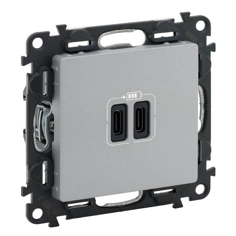 Valena LIFE Алюминий Зарядное устройство с 2-мя USB-разьемами тип С-тип С 240В/5В 3000мА С лицевой панелью | 753307 | Legrand — Legrand