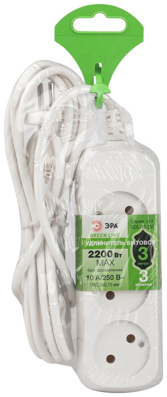 Удлинитель электрический ЭРА UDL-10-330 Greenline 3 розетки без заземления 3м ПВС 2x0.75мм2  | Б0065072 | ЭРА — миниатюра 3