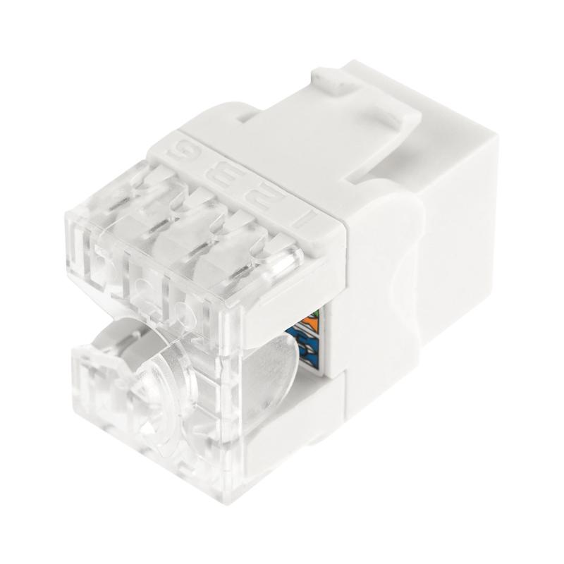 Модуль Keystone Jack RJ-45(8P8C), UTP неэкранированный, CAT 5e, тип 180 градусов, с пылезащитной шторкой, белый PRO | 02-0060-1 | REXANT — REXANT