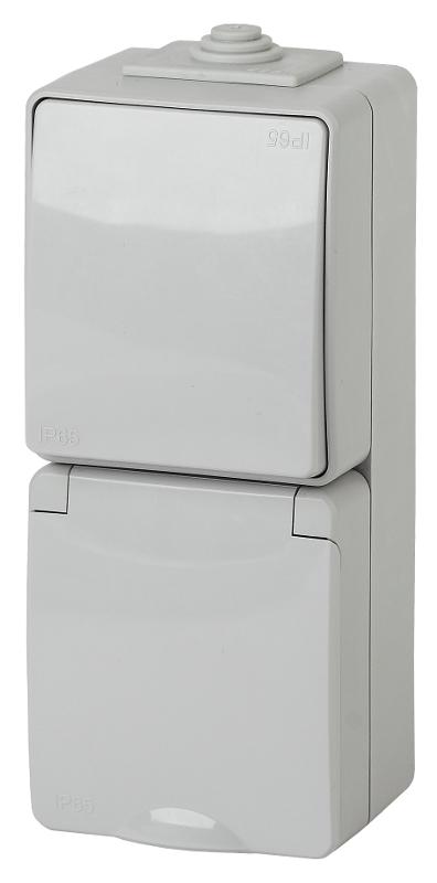 Блок розетка+выключатель вертикальный IP65, 16A(10AX)-250В, ОУ, 11-7607-03 Эра Эксперт, Серый | Б0035998 | ЭРА — фото 1 | Sento