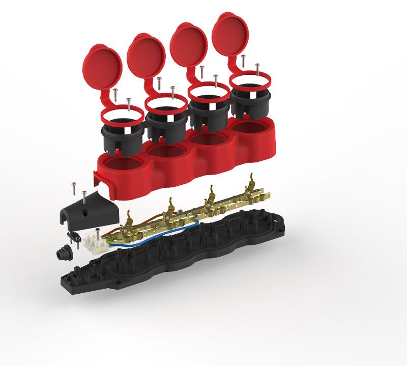 Колодка  KX-4e-RED-IP44 каучуковая с заземлением 4 розетки 16A IP44 красная | Б0068456 | ЭРА — миниатюра 2