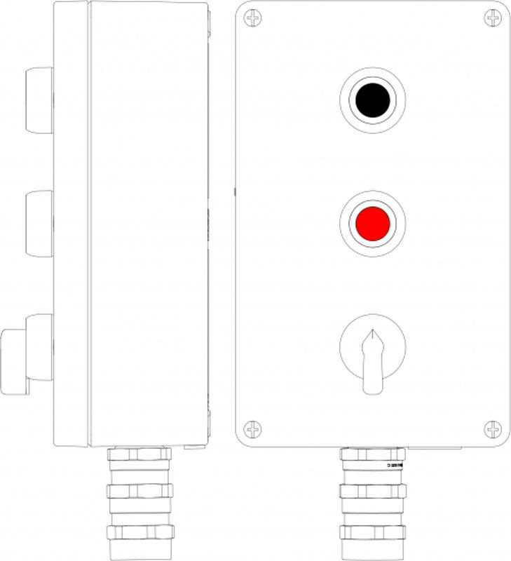 Ex пост управления из алюминия; 1Ex d e IIC Т4 Gb X / Ex tb IIIB T130°CDb X IP66; Кнопка черная, 2NO -1 шт; Кнопка красная,2NC -1 шт;Переключатель КВ  — DKC (ДКС)