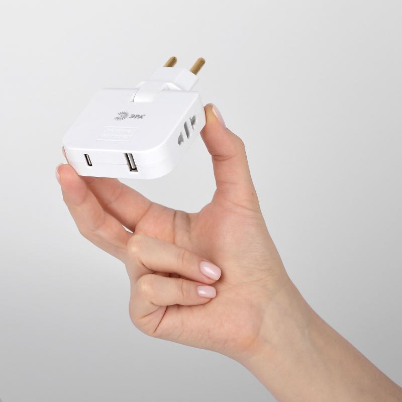 Разветвитель электрический ЭРА SPF-2-FL-USBC поворотный на 2 розетки + 2USB A+C 10А белый — миниатюра 6