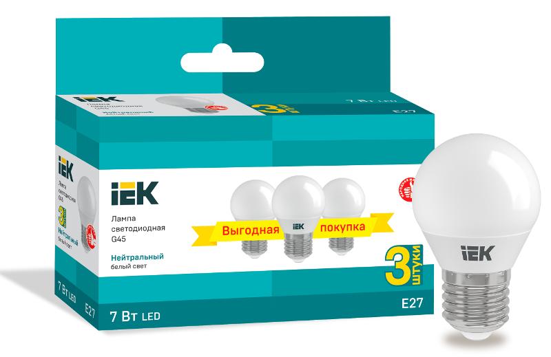 Лампа светодиодная LED G45 шар 7Вт 230В 4000К E27 (3шт/упак) | LLE-G45-07-230-40-E27-3 | IEK — IEK (ИЭК)