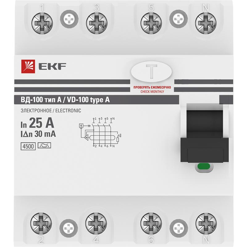Выключатель дифференциальный (УЗО) ВД-100 4п 25А 30мА (тип А, эл-мех) PROximа | elcb-4-25-30-em-А-pro | EKF (замена - E1046MA2530) — миниатюра 3